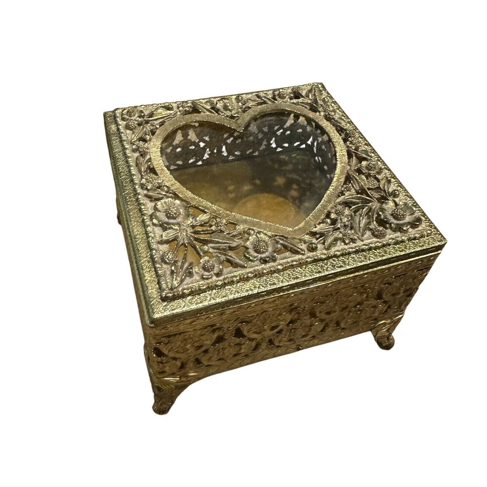 VTG MCM Gold Metal Trinket Ring Dish Box W Lid Ornate Floral Filigree Style READ